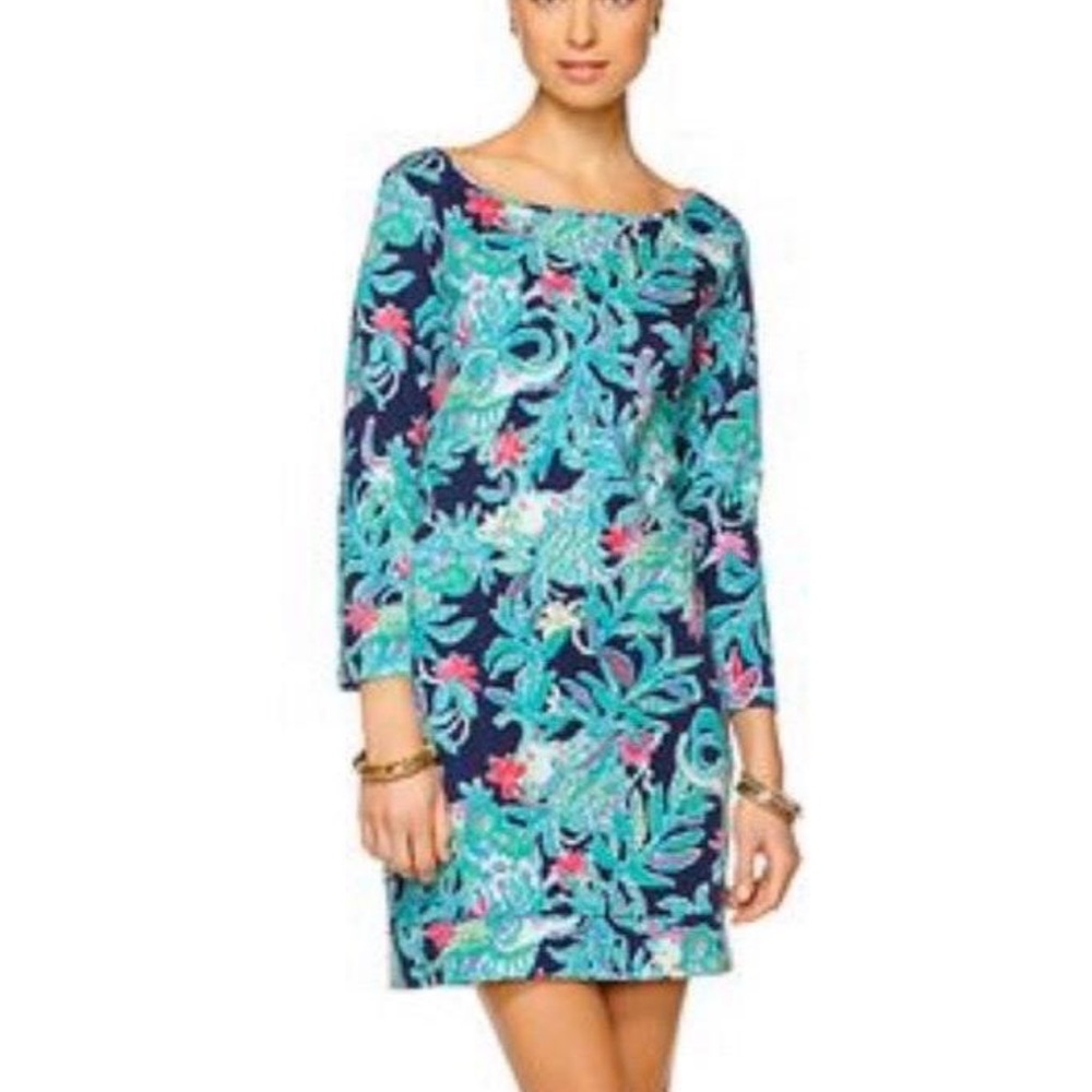 Lilly Pulitzer Marlow Floral Print Dress in a Tropical Blue and Pink Print